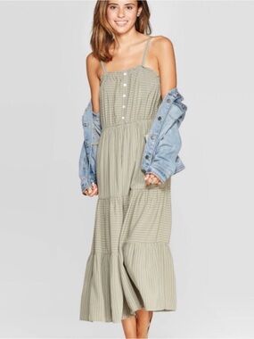 Universal Thread Sage Green Striped Tiered Midi Dress Size XS